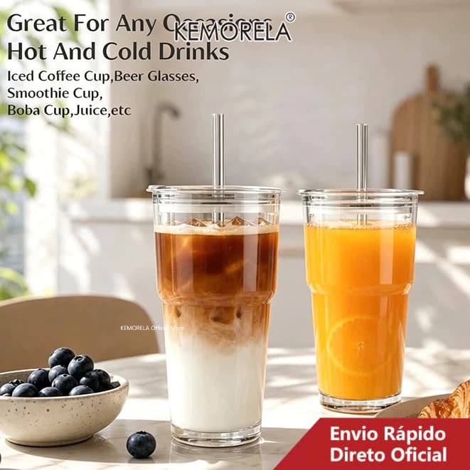 Xícaras De Café Gelado Com Tampas Copo De Vidro Transparente Canudo E Tampa Copos Vintage De 20 Onças Canudos-Estético À
