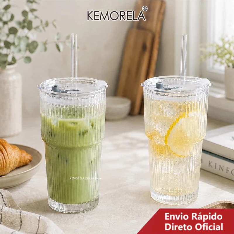 Copos De Vidro Canelados De 20 Onças Com Tampas E Canudos-Xícaras De Café Gelado Vintage , Reutilizáveis Para Smoothie C