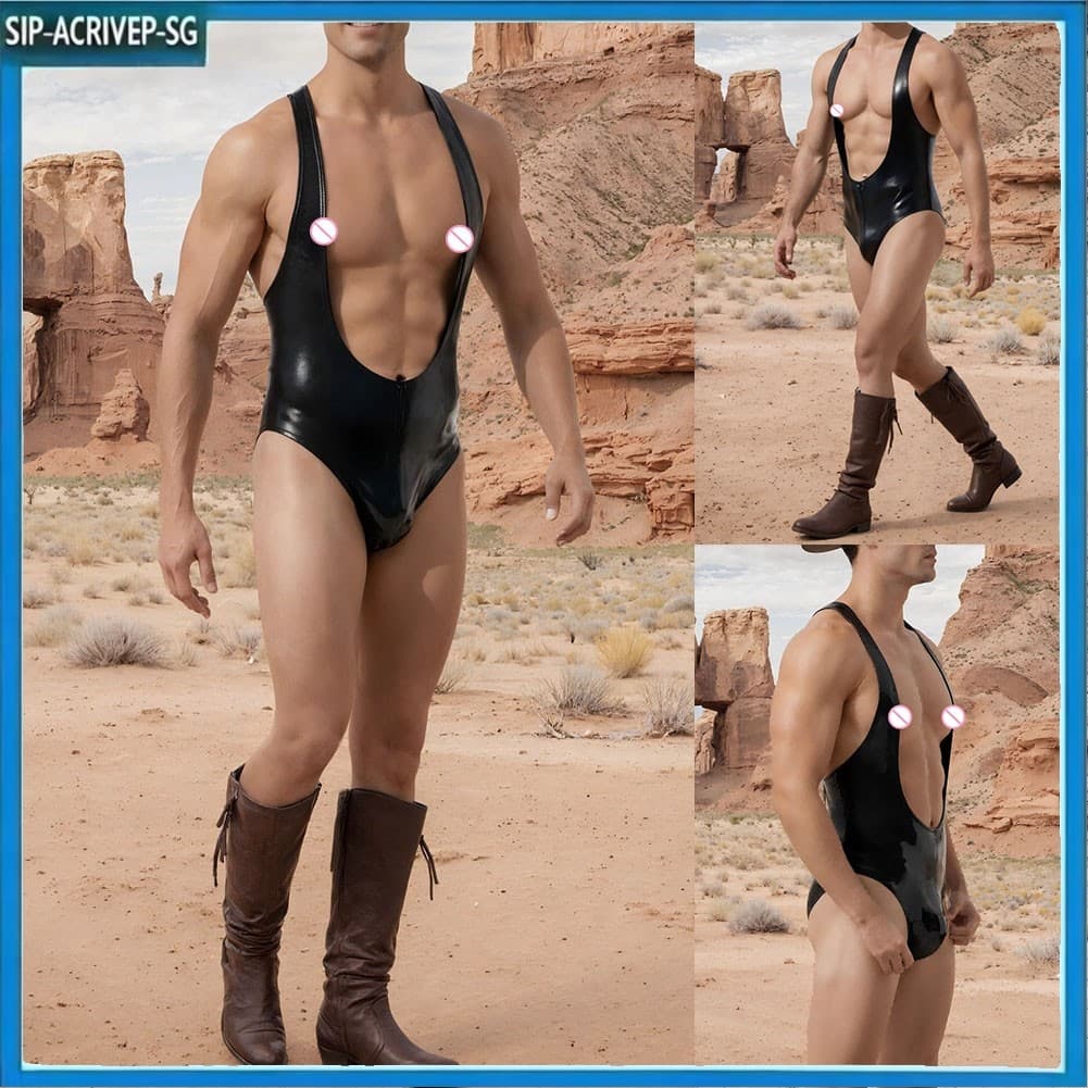 Macacão Masculino De Látex De Pano , Regata Justa De PU , Roupa De Balada , Bolsa Com Zíper Gay , Terno De Uma Peça