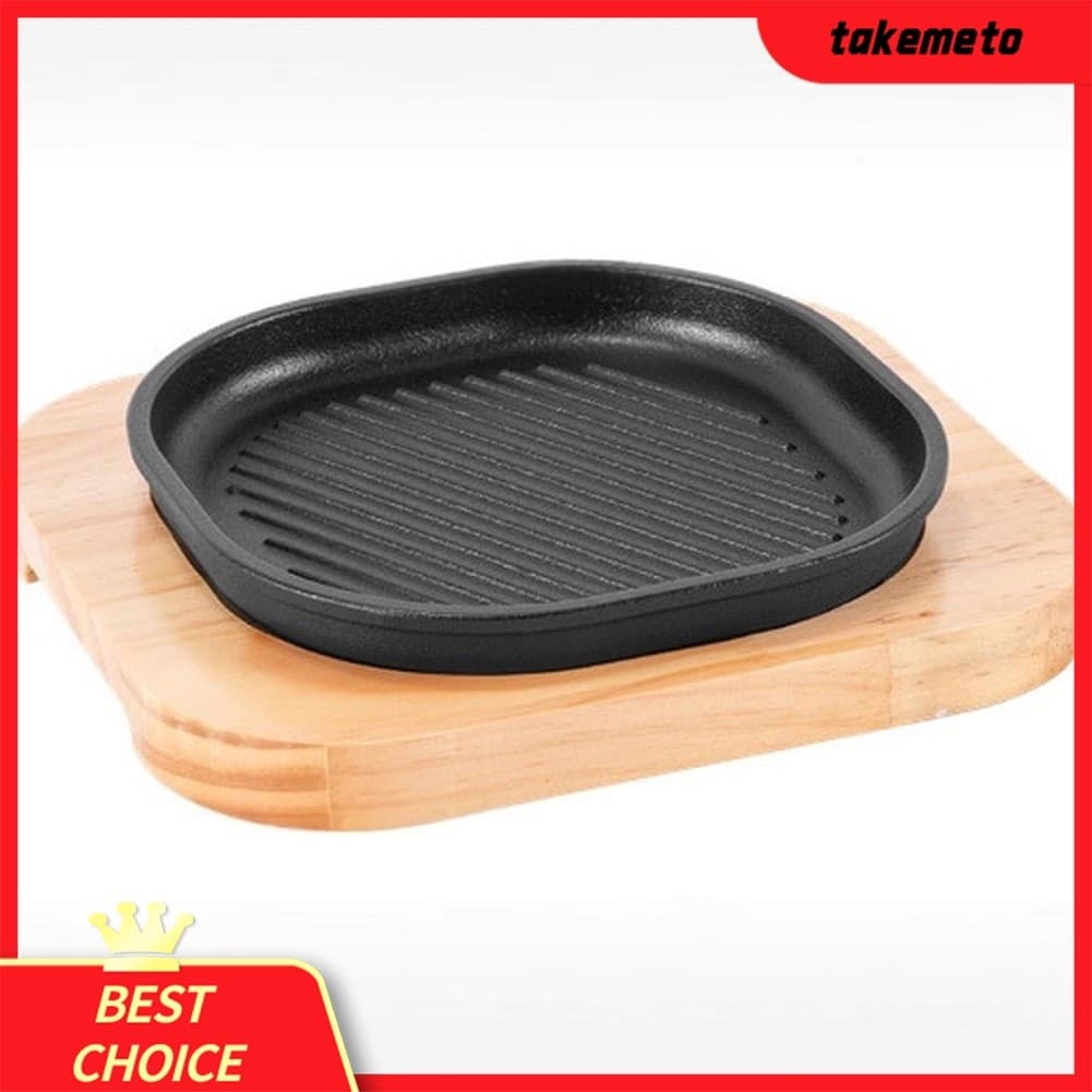 { Agosto Em Novo } Panela Quadrada De 20/22 Cm Para Bife , Churrasco , Frigideira De Ferro Fundido , base De Madeira