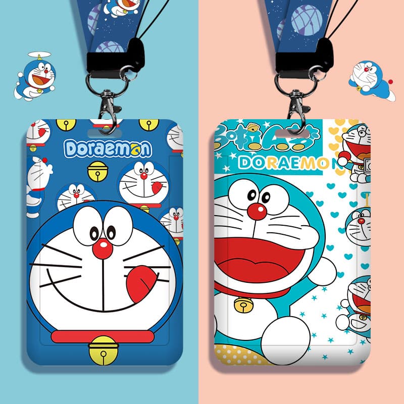 Porta-crachá com cordão Doraemon, estojo protetor de cartão, conjunto de cordão e suporte para cartão de estudante,