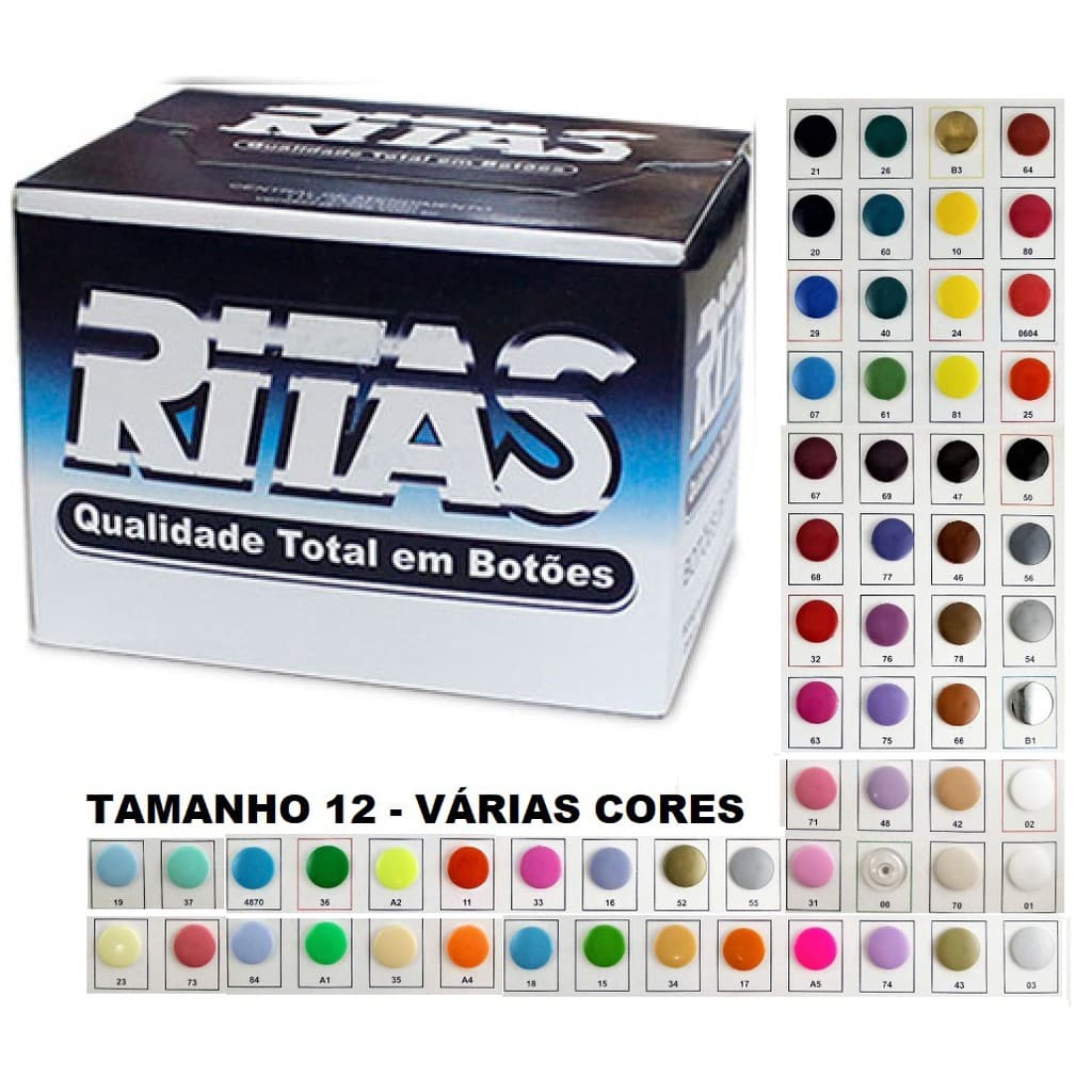 Botão Ritas 12 - Pacote com 10 conjuntos - Várias Cores - Botão de Pressão