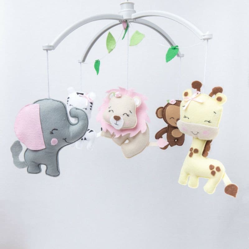 Mobile musical Giratório Berço Safari Animais Rosa Elefante leão girafa