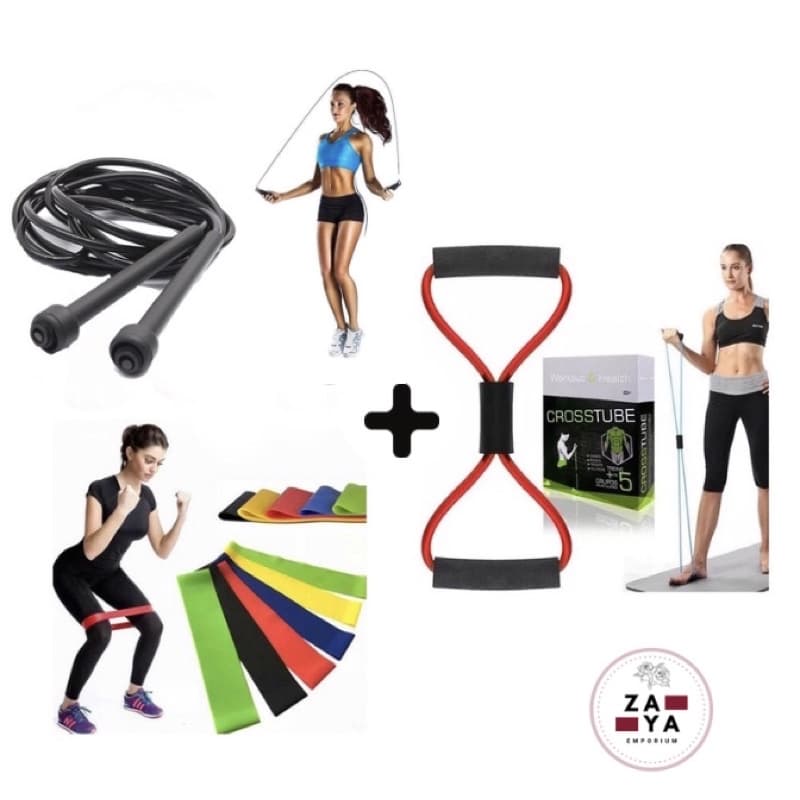 Kit Treine Em Casa Completo Elástico Extensor + Corda de Pular + Kit com 5 mini band
