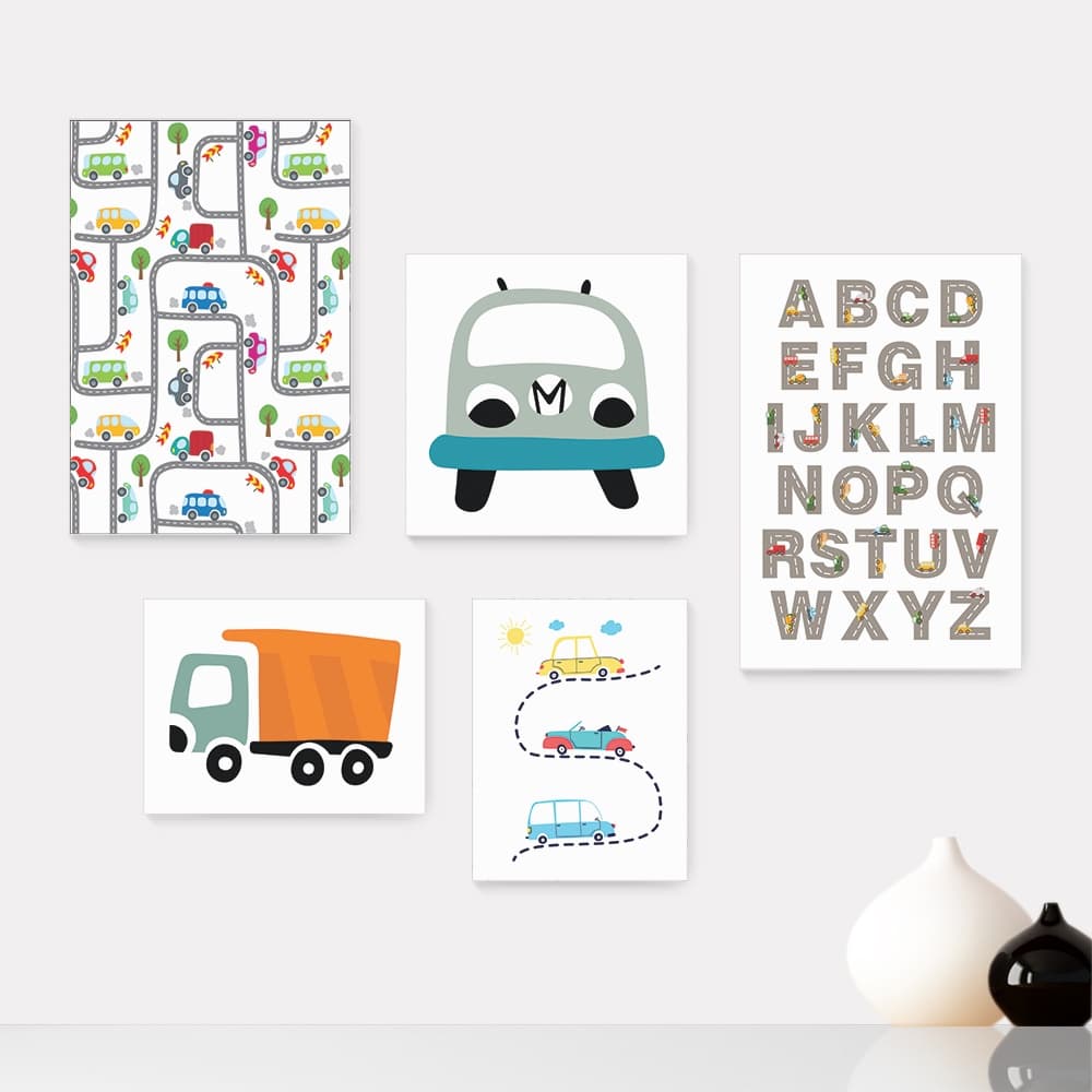 Kit 5 Quadros Decorativos Placas - Carrinhos Alfabeto Infantil Bebê Quarto Menino Menina - 327ktpl5