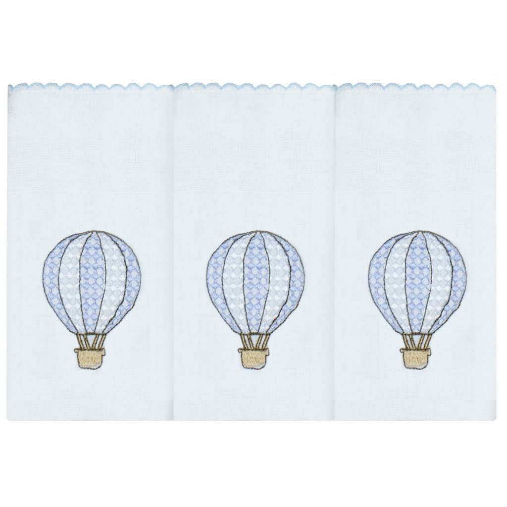 Kit 3 Fraldas de Ombro Bordadas Balão Azul Tecido Toalha Fralda Dupla 100% Algodão
