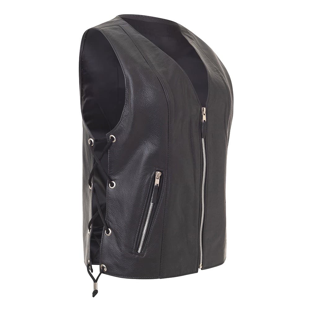 Colete Couro Legitimo Liso Feminino Para Motociclista Com Regulagem Lateral e Fechamento ZIPER PRATA