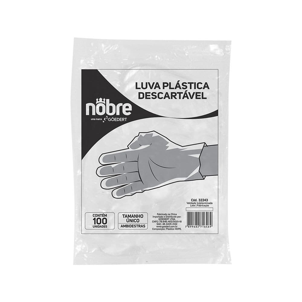 Luva Plástica Descartável - Pacote Com 100 Unidades - Tamanho Único - Nobre
