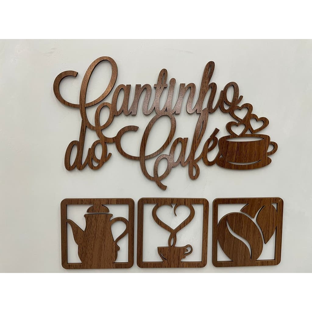 Kit Cantinho do Café 4 Peças 30cm MDF Preto com Xícara mais quadros bule xícara coração e semente café cor do mdf amadeirado papel de parede cozinha decoração de parede