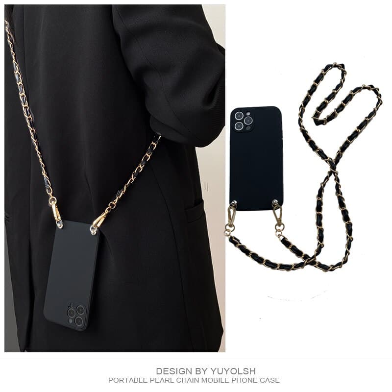 Para IPhone 17 16 15 14 13 Pro MAX Luxo Crossbody Cordão Colar Corrente De Couro Líquido Soft Silicon Phone Case 12 11 X