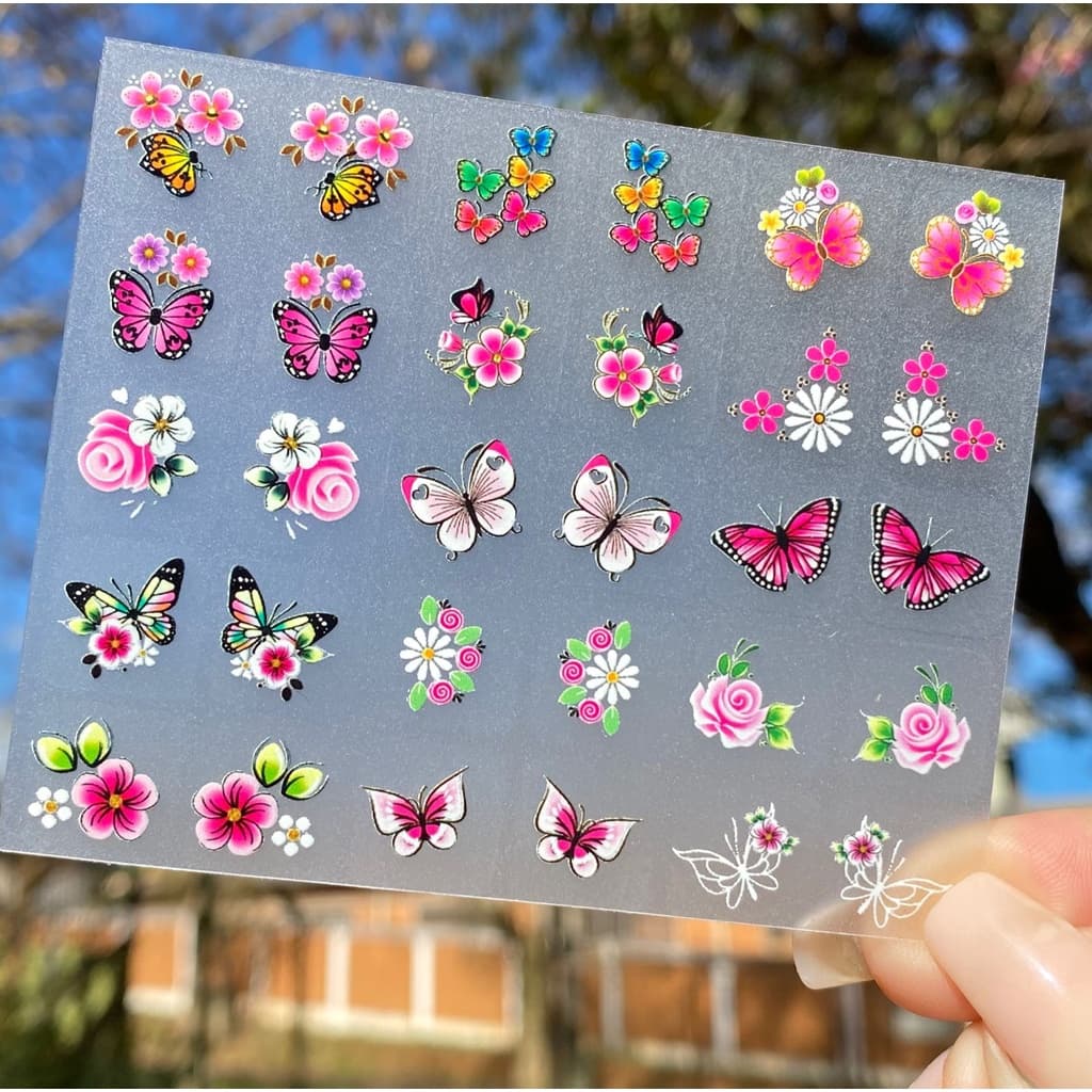 MINI CARTELÃO adesivos para unhas COM 30 UNIDADES Flores Rosa e Borboletas Rosas