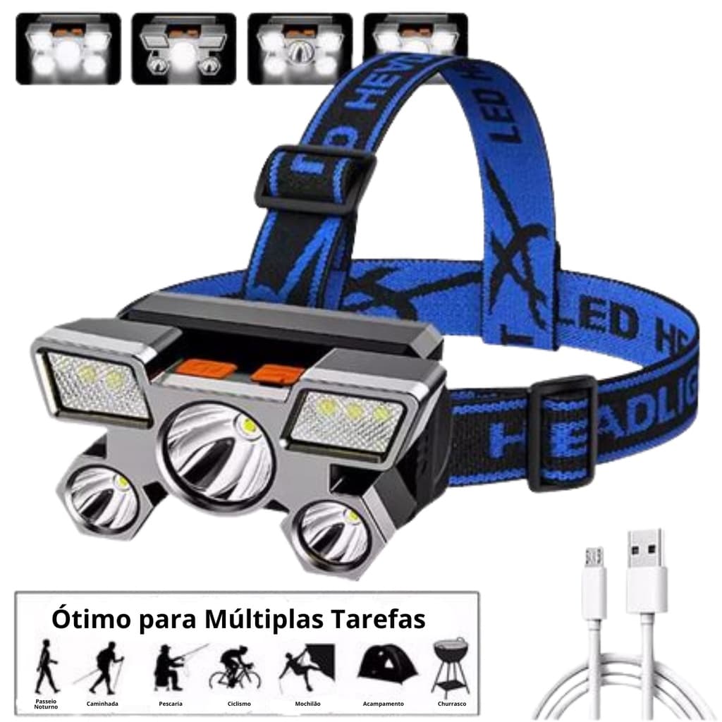 Lanterna De Cabeça 5 LED Super Potente  Recarregável USB 4 modos Camping Caça Bike 1