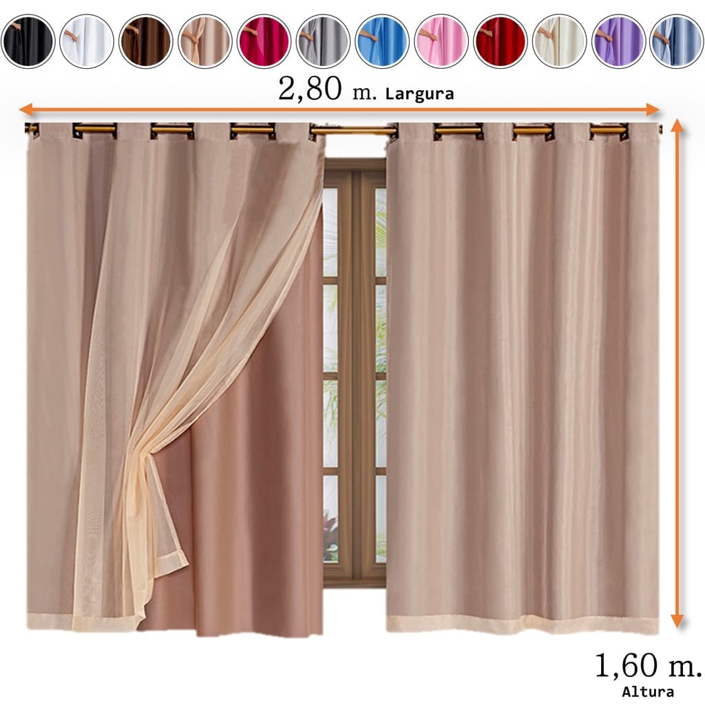 Cortina para Sala e Quarto Blackout 2,80m x 1,60m blecaute em PVC com Tecido Voil Liso ou Voal Xadrez Várias Cores