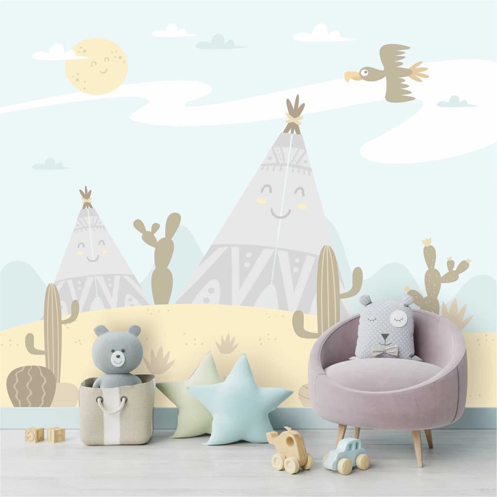 Papel De Parede Infantil Deserto Cabana Cacto Painel Adesivo Gg965