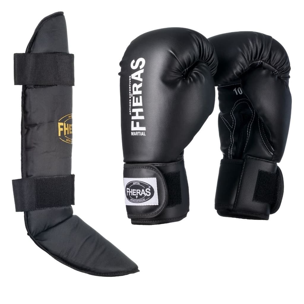 Luva Muay Thai e Boxe Tradicional Preta com Caneleira Free Style Fheras