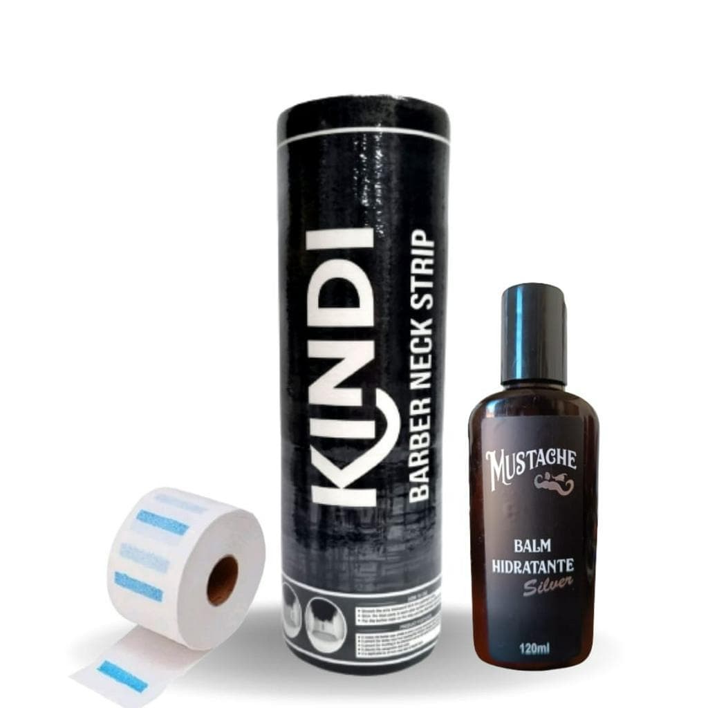 Kit Barbeiro, Gola Higiênica Descartável - Pacote Com 5 Rolos - 500 Unidades, Balm Hidratante Mustache Silver 120 ML
