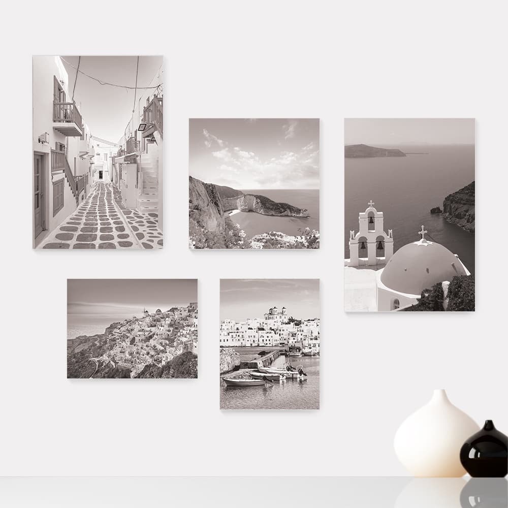 Kit 5 Quadros Decorativos Placas - Grécia Mykonos Santorini Mar Viagem Preto e Branco Mundo Casa Quarto Sala - 355ktpl5