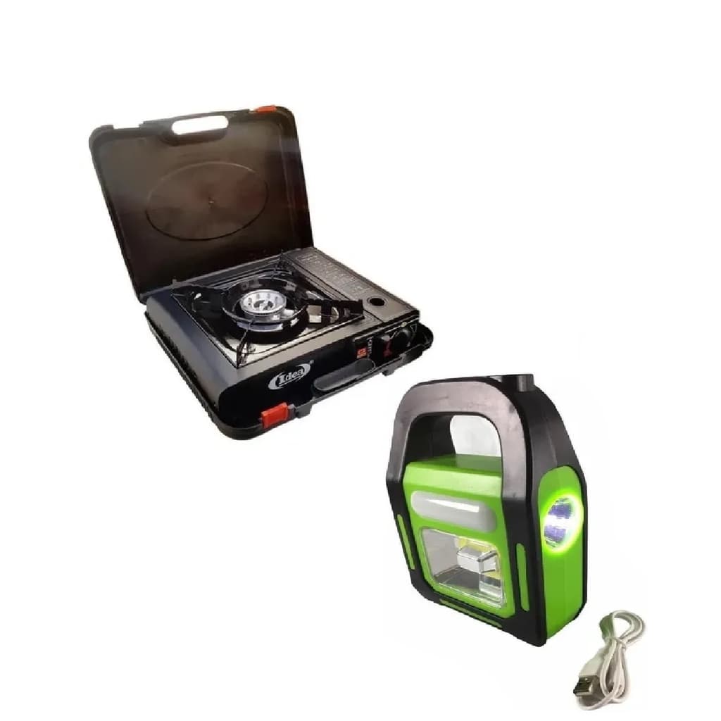 Kit Lanterna Farolete Solar Mais Fogareiro Fogão Maleta Portátil Camping