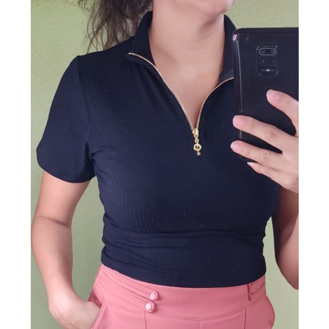 Cropped feminino canelado com zíper manga curta moda verao