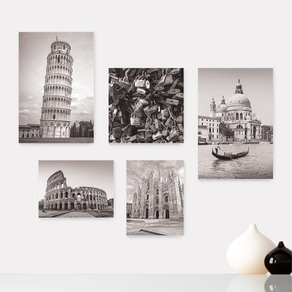 Kit 5 Quadros Decorativos Placas - Itália - Cidades - Pontos Turísticos - Roma Pisa Veneza Milão Florença - Preto e Branco Casa Quarto Sala - 274ktpl5