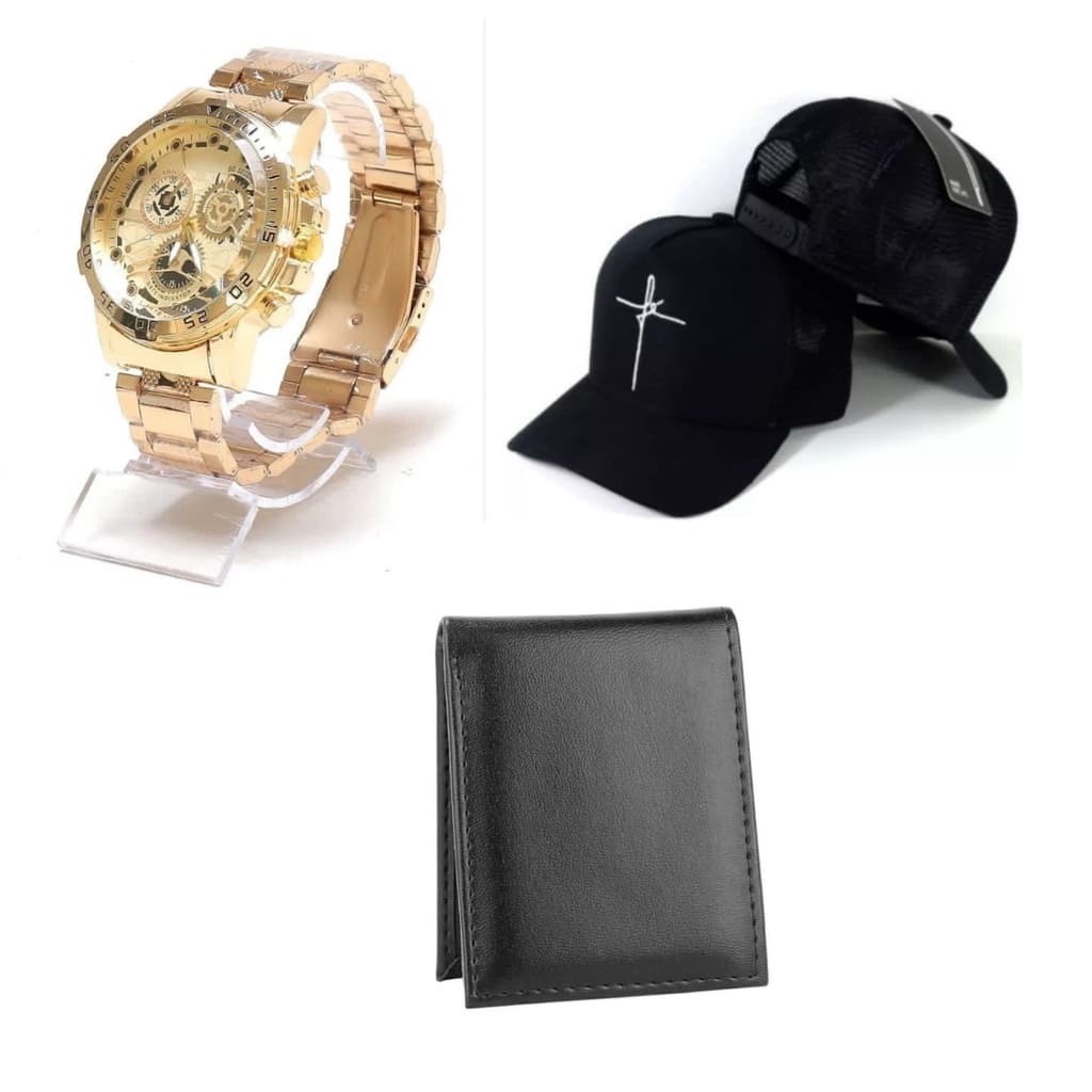 Kit Masculino Presente Homem Relógio Dourado + Boné + Carteira Promocao .2023n Só Hoje