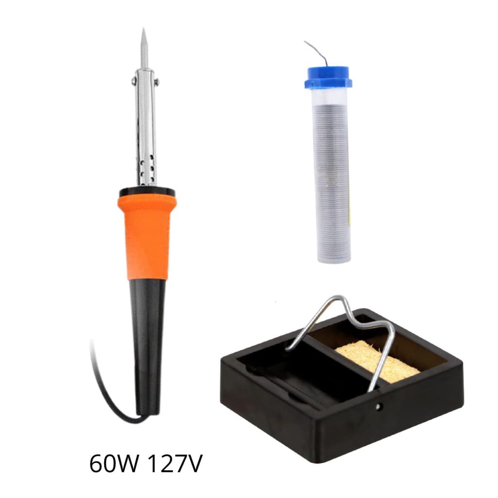 Kit Solda Ferro de Soldar 60W 127V COR DIVERSA + Suporte de Ferro + Solda Estanho + Esponja Vegetal - Não é bivolt