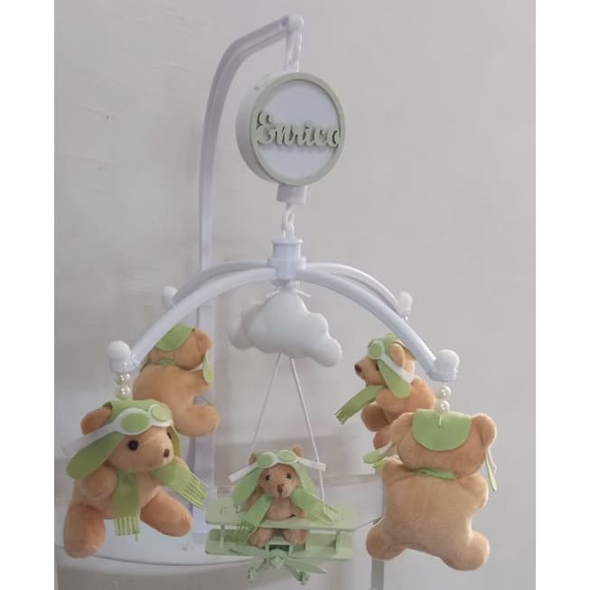 Mobile de berço musical e giratorio urso aviador verde