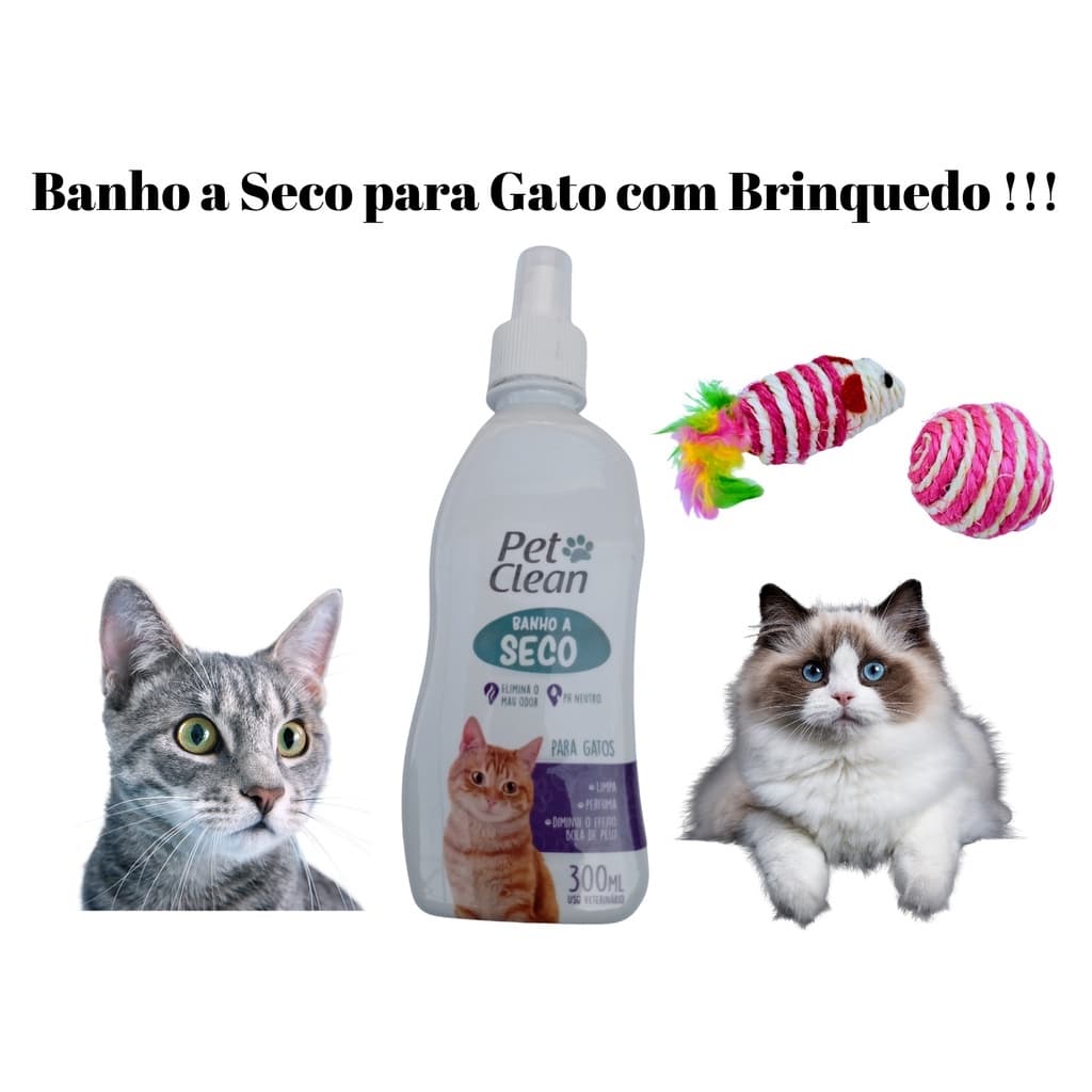 KIT Banho a Seco para Gatos, Pet Clean 300ml + Brinquedo Ratinho + Bolinha Caracol com CatNip.