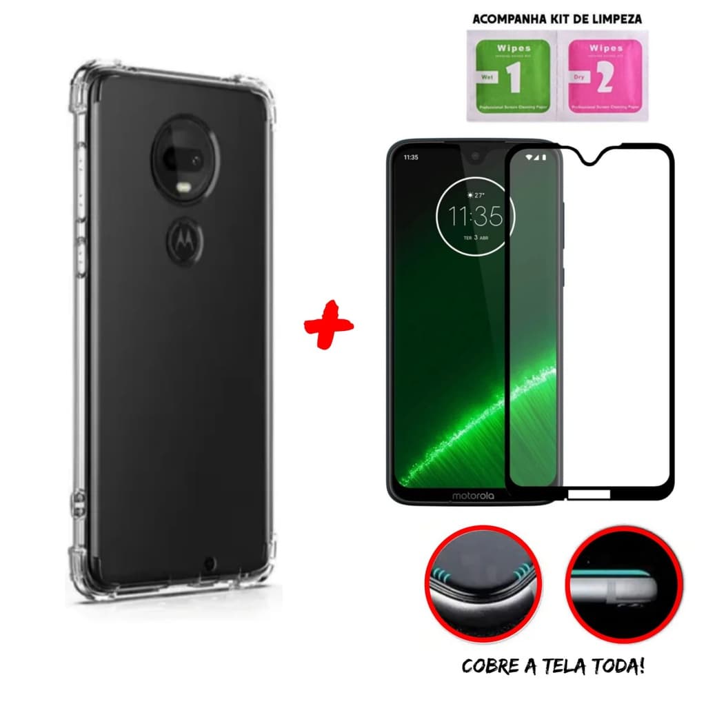 Kit Capinha Transparente Anti-Impacto Para Moto G7 Plus + Película 3D de Vidro Temperado