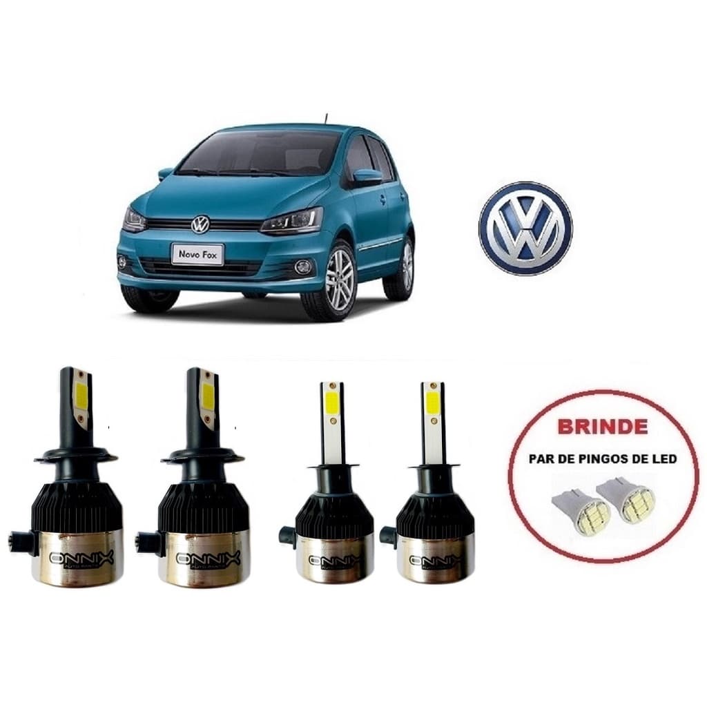 Kit 2 Lampadas Super Led para Farol Alto E Baixo Modelo Foco Duplo H7 e H1 com 6000k e 8000 lumens para Volkswagen Fox ano 2012 em Diante