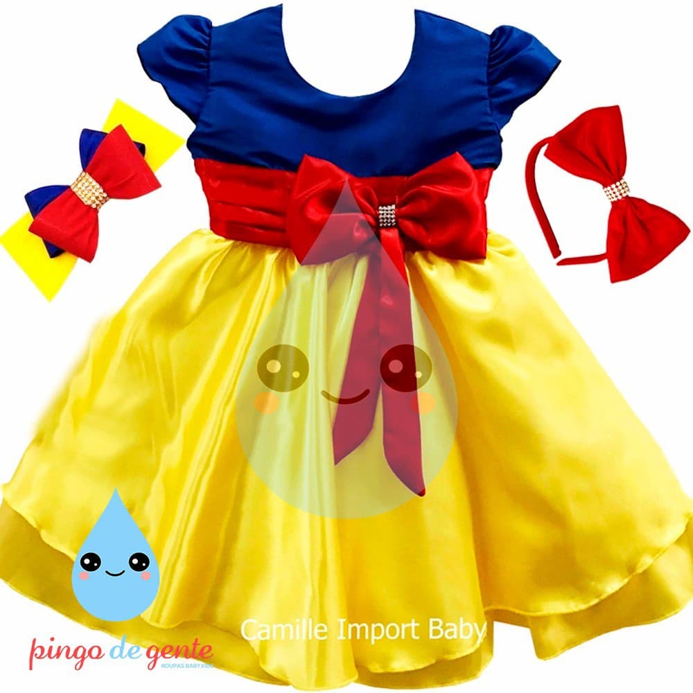 Vestido Branca De Neve Festa Luxo Infantil Com Faixa E Tiara Super Luxinho