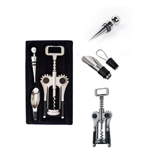 Kit Para Vinho Com Abridor Saca Rolhas Tampa E Bico Dosador Aço Inox