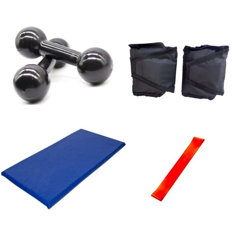 Kit Treine Em Casa Completo Par Halter Emborrachado 3 Kg + Caneleira 3 Kg + Colchonete D24 + Elástico Theraband