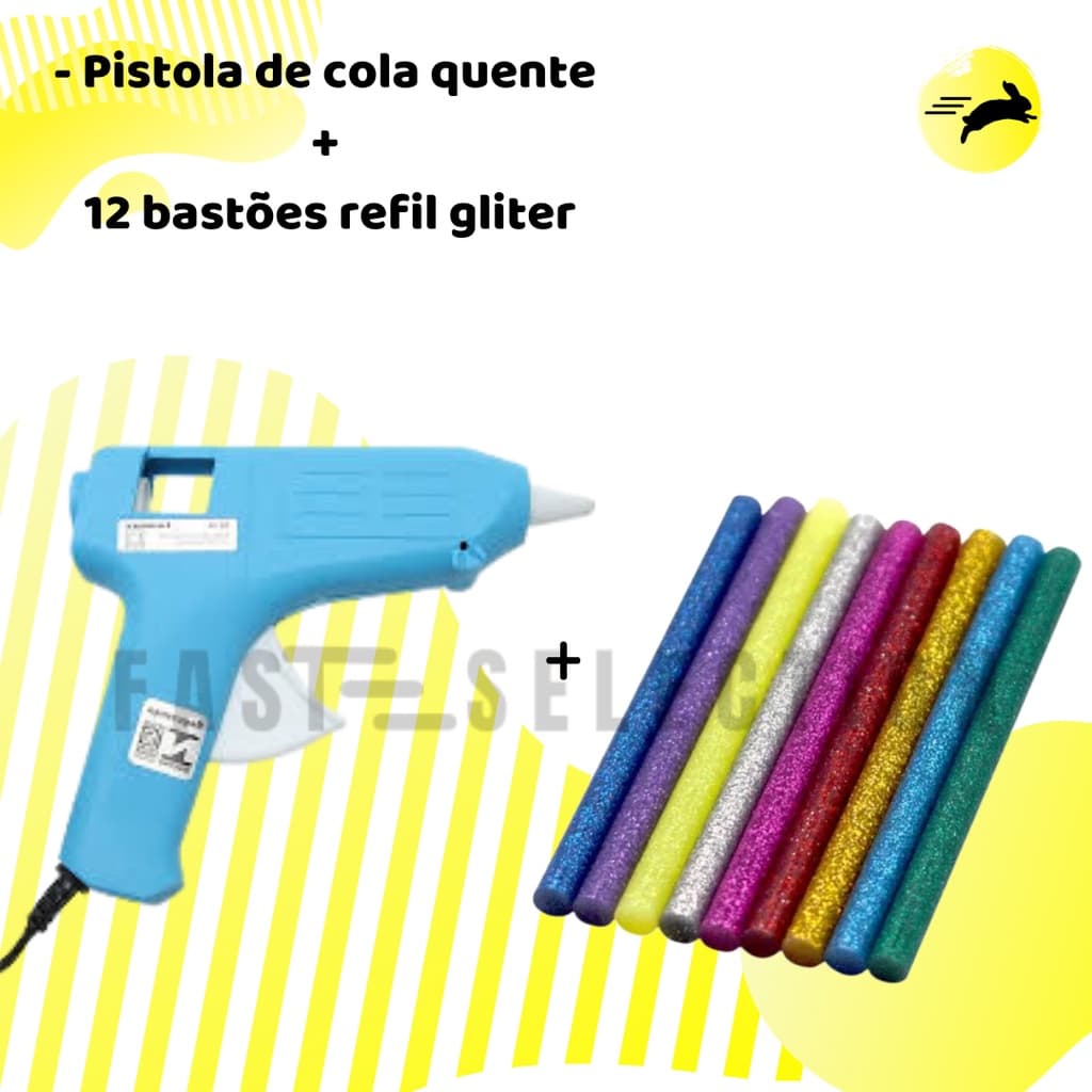 Pistola De Cola Quente Pequena Bivolt + 12 Bastões Coloridos Com Glitter Com 6 Cores Variadas