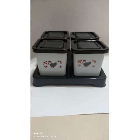 kit 4 potes para tempero com suporte quadrado decorado