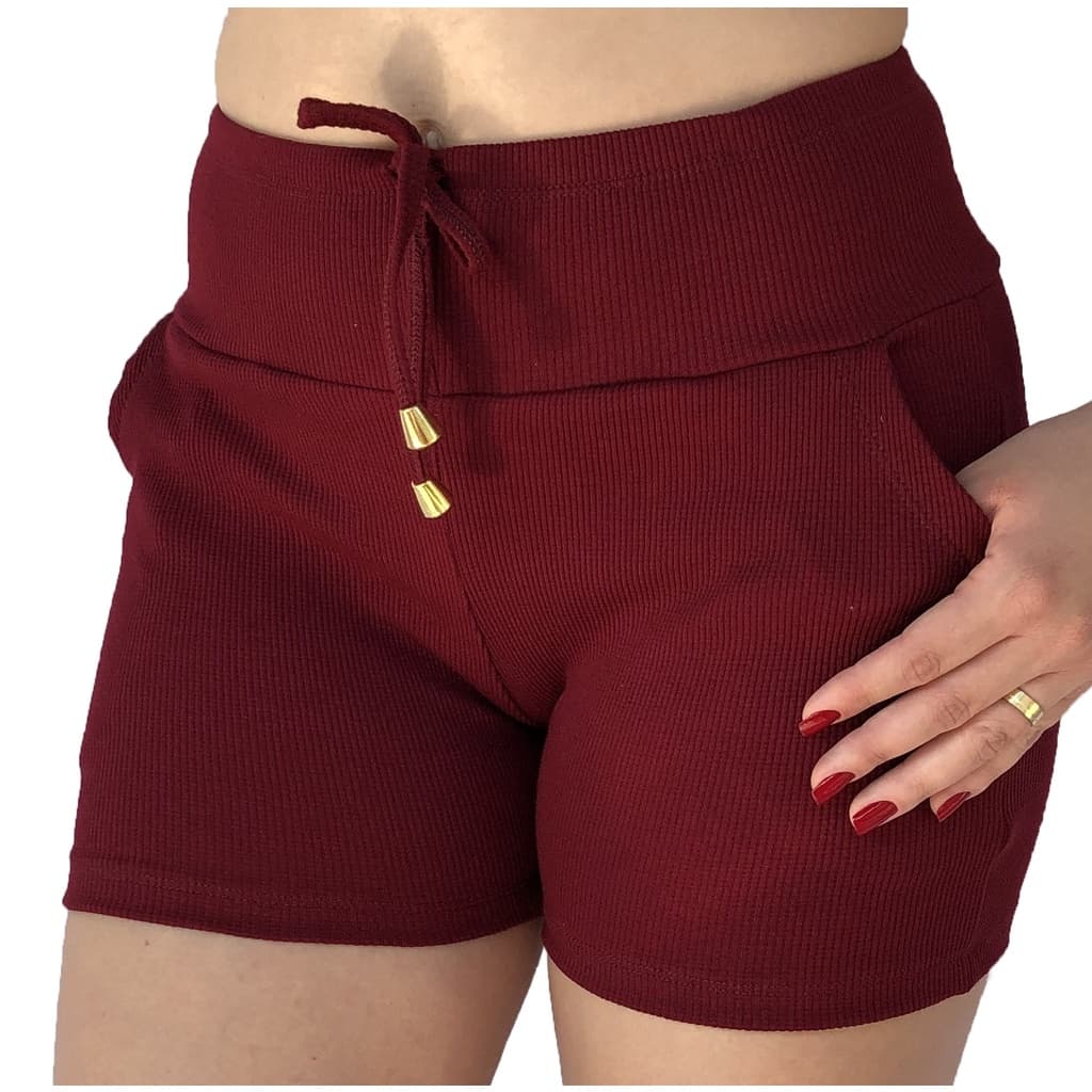 Short feminino cintura alta malha canelada Bermuda feminina meia coxa