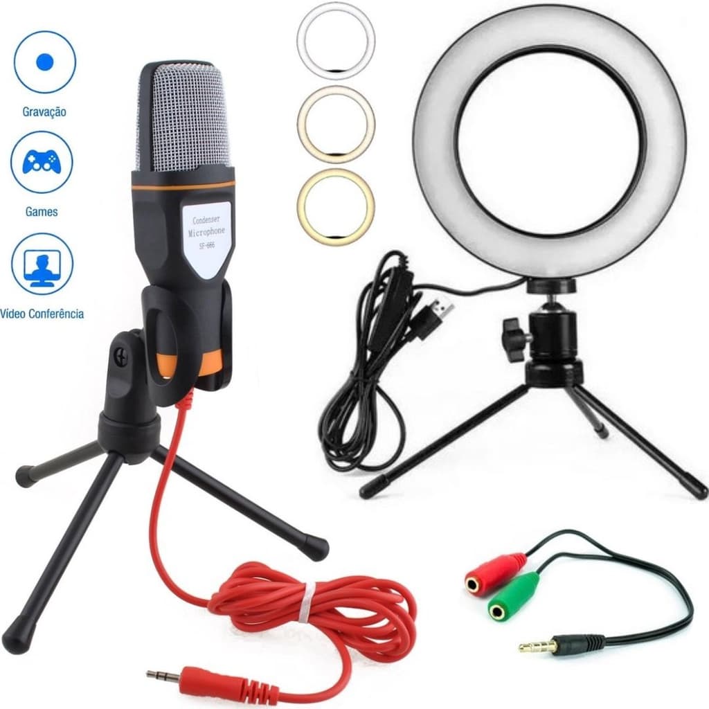 Kit Microfone Condensador Tripé Mesa + Iluminador Ring Light USB Vídeo Gravação