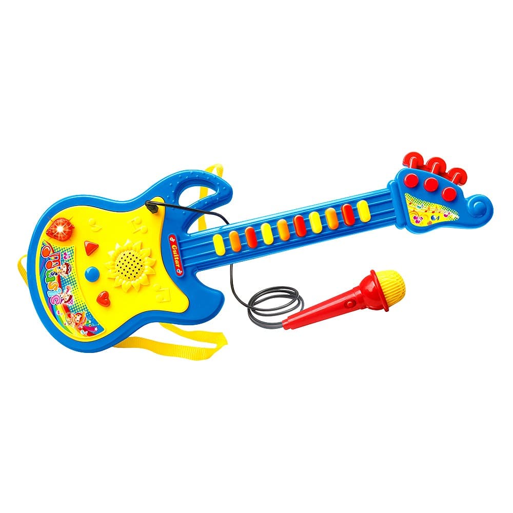 Guitarra Infantil Guitar Com Microfone Sai Voz Musica E Luz 45cm Cor Azul