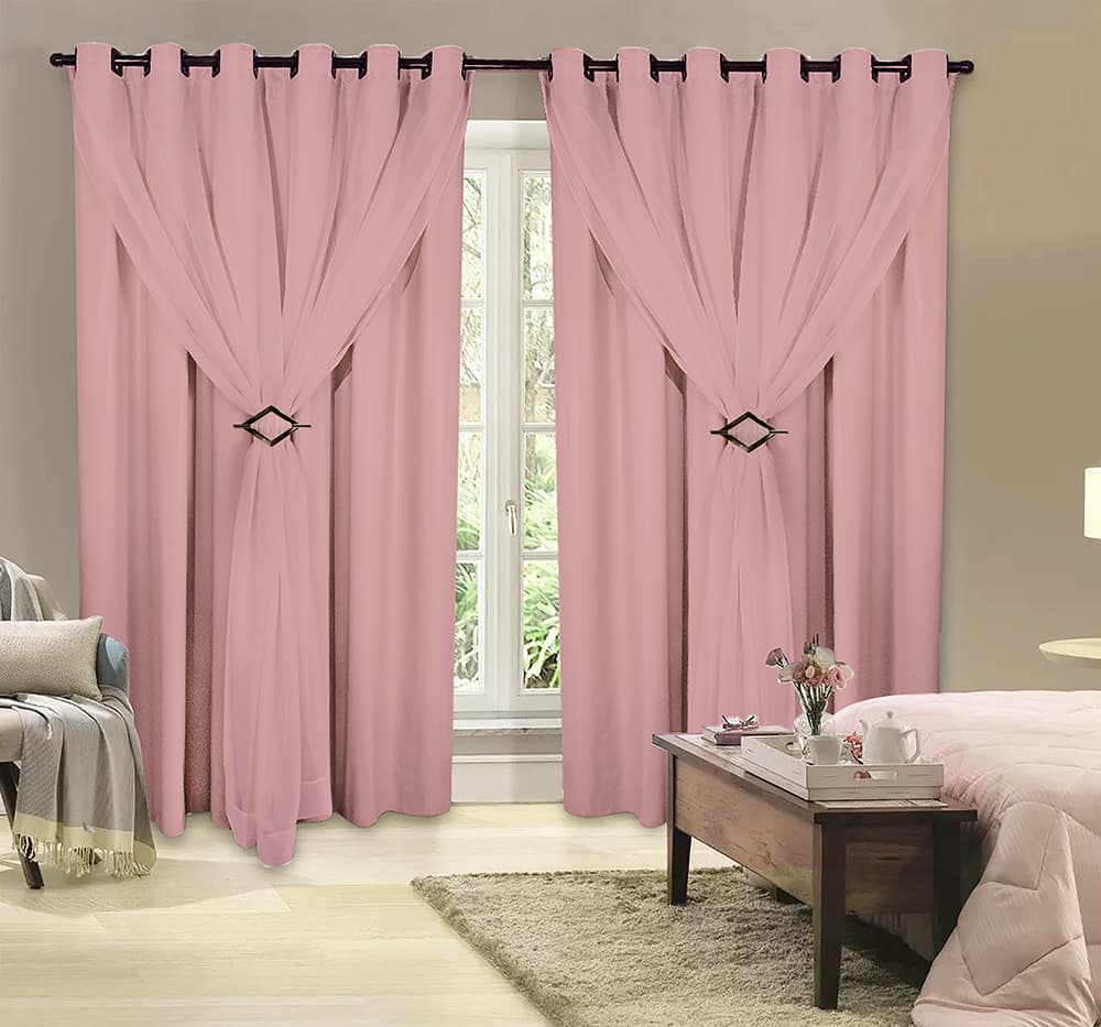 Cortina Corta Luz 2,00m X 2,50m 100% Blackout Com Voil Rosa Para Sala Ou Quarto Para Varão Simples