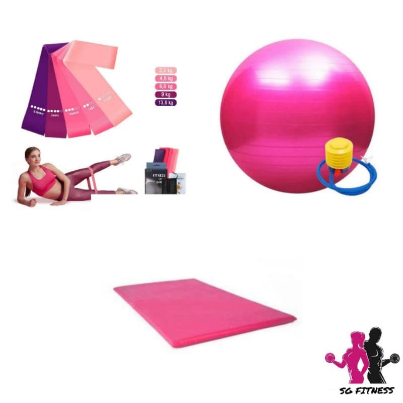 Kit Mini Band Faixa Elástica Resistência + Colchonete Para Pilates + Bola Exercícios Funcionais Com Enchedor