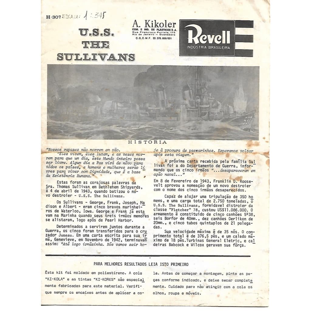 Manual Revell Antigo Uss The Sullivans Original Navio Plastimodelismo Anos 60