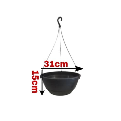 3 vasos p/ plantas suspensas, pretos 31cm, 6,6 L com haste 47cm