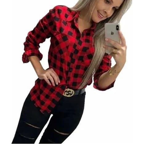 Roupas Feminina Blusa Xadrez Camisa Manga Longa