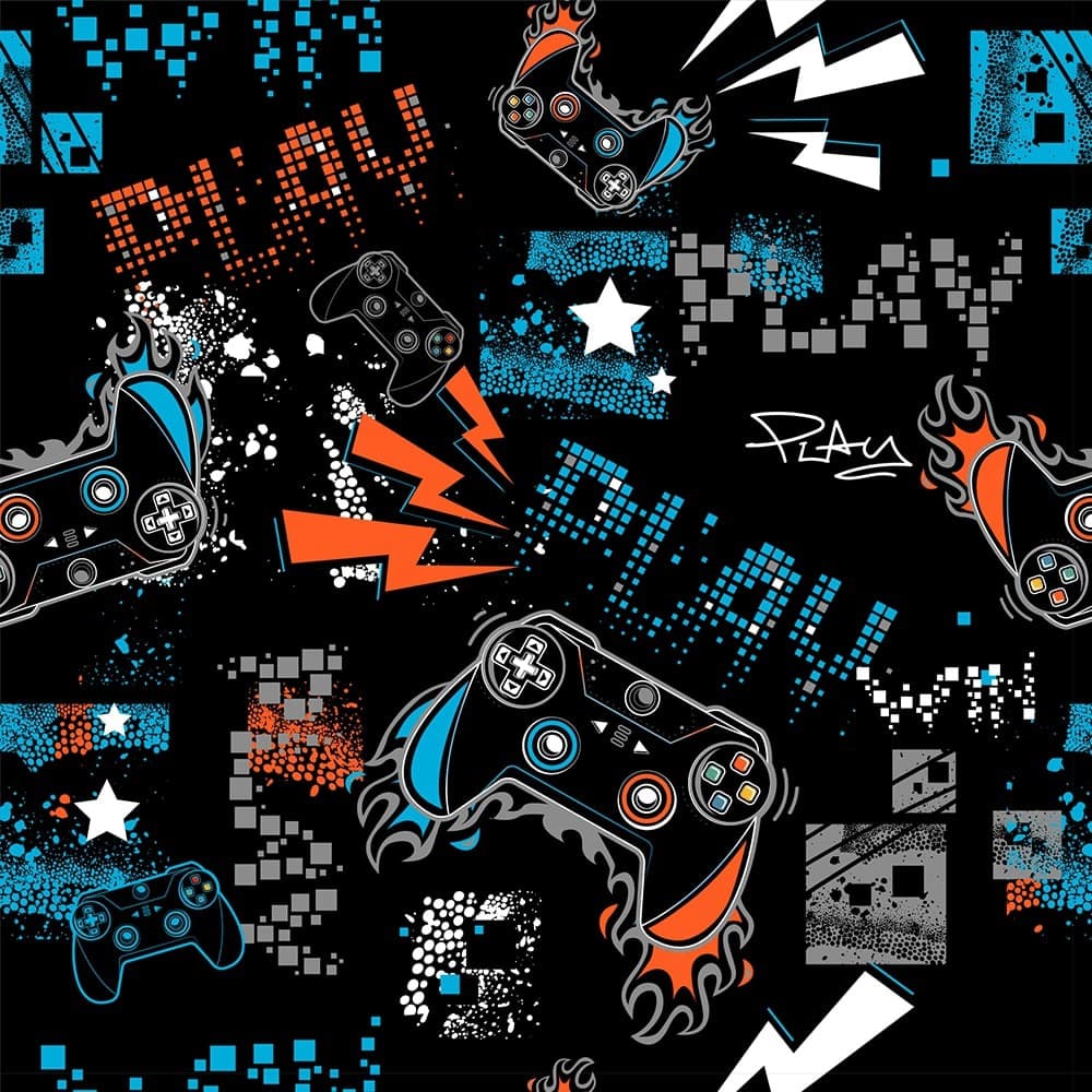 Papel de Parede Quarto Gamer Play no Jogo Decoração Infantil Laranja e Azul Fundo Preto