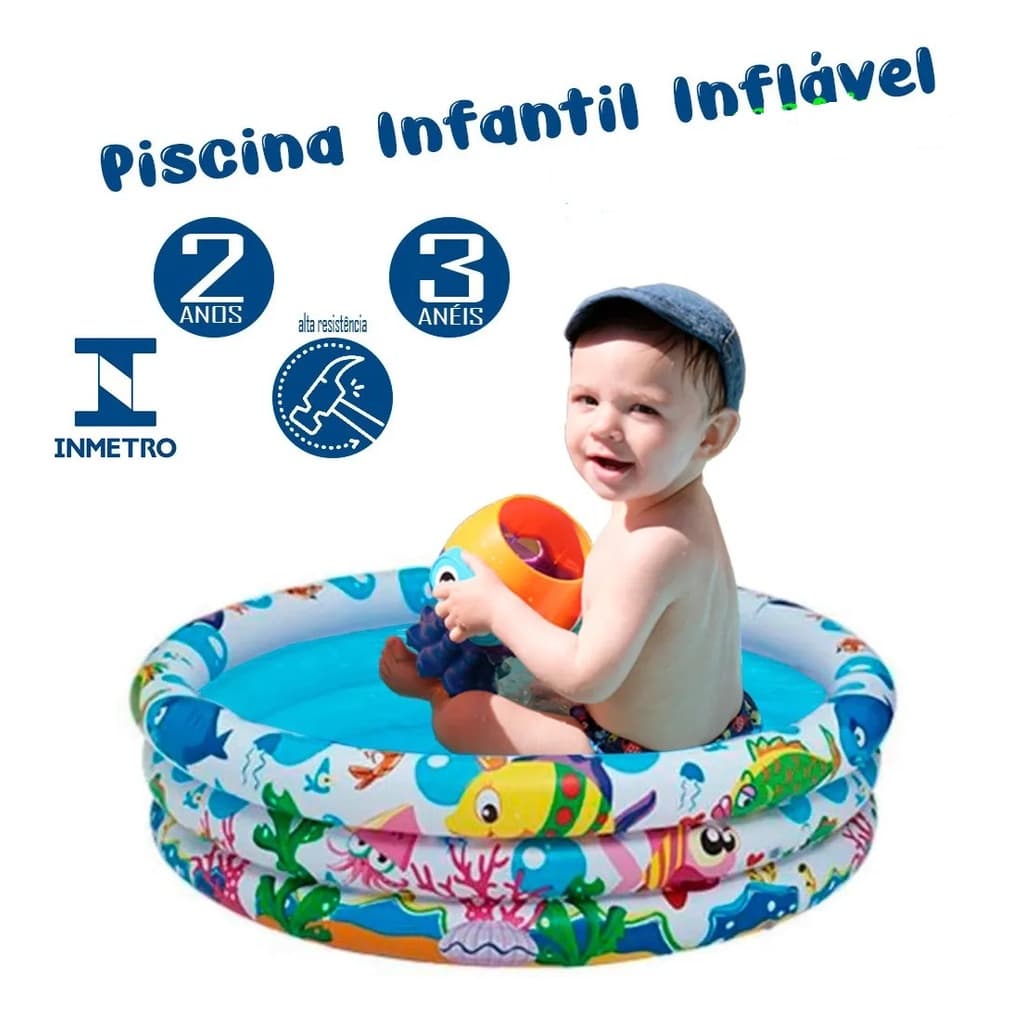 Piscina Infantil 3 Anéis 180 Litros Inflável Para Bolinhas E Água 107x25cm Fundo Do Mar - Wellmix