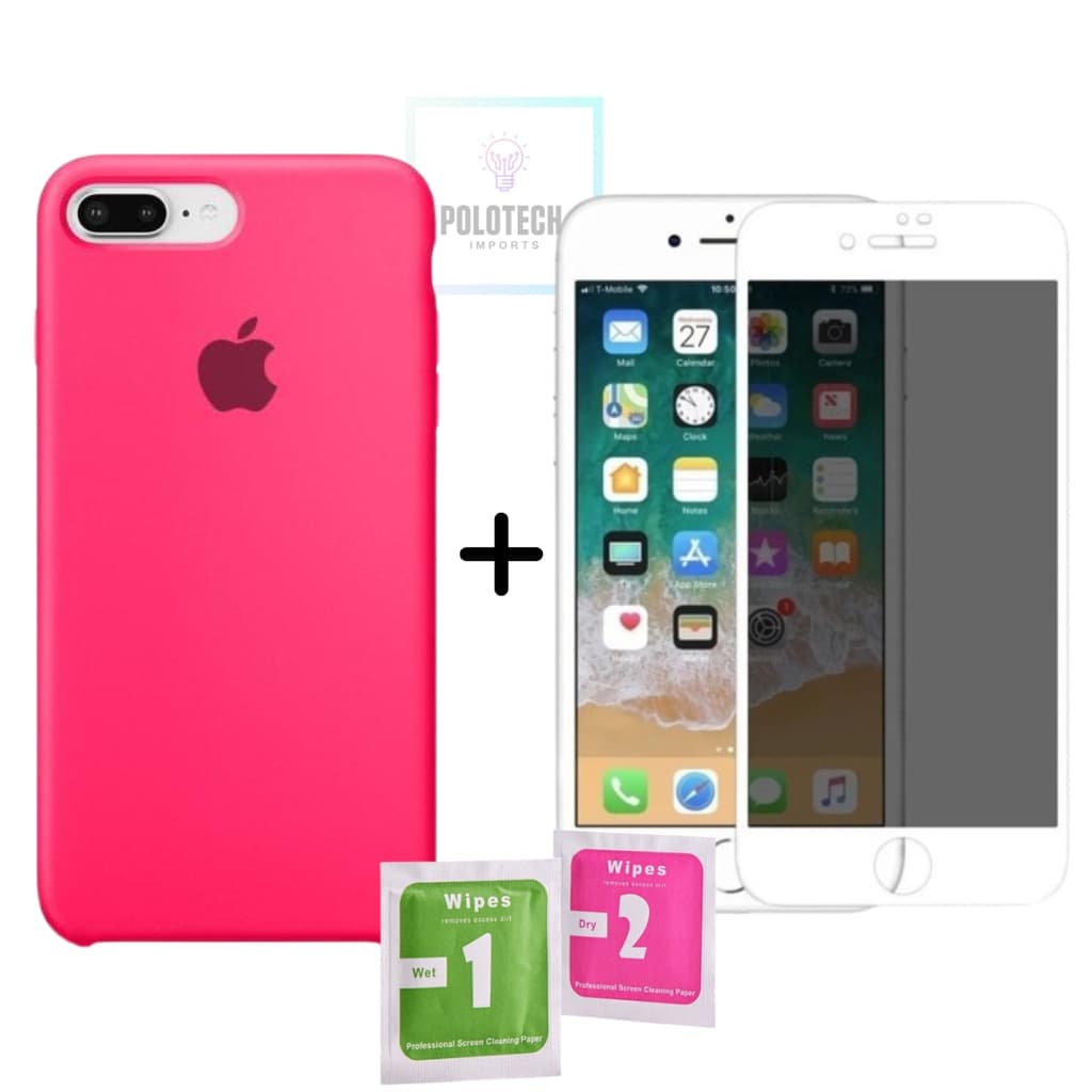 Kit Capinha IPhone 7 Plus e 8 Plus Premium Silicone Com Logo + Película Privacidade + Kit Limpeza - Lançamento 2024