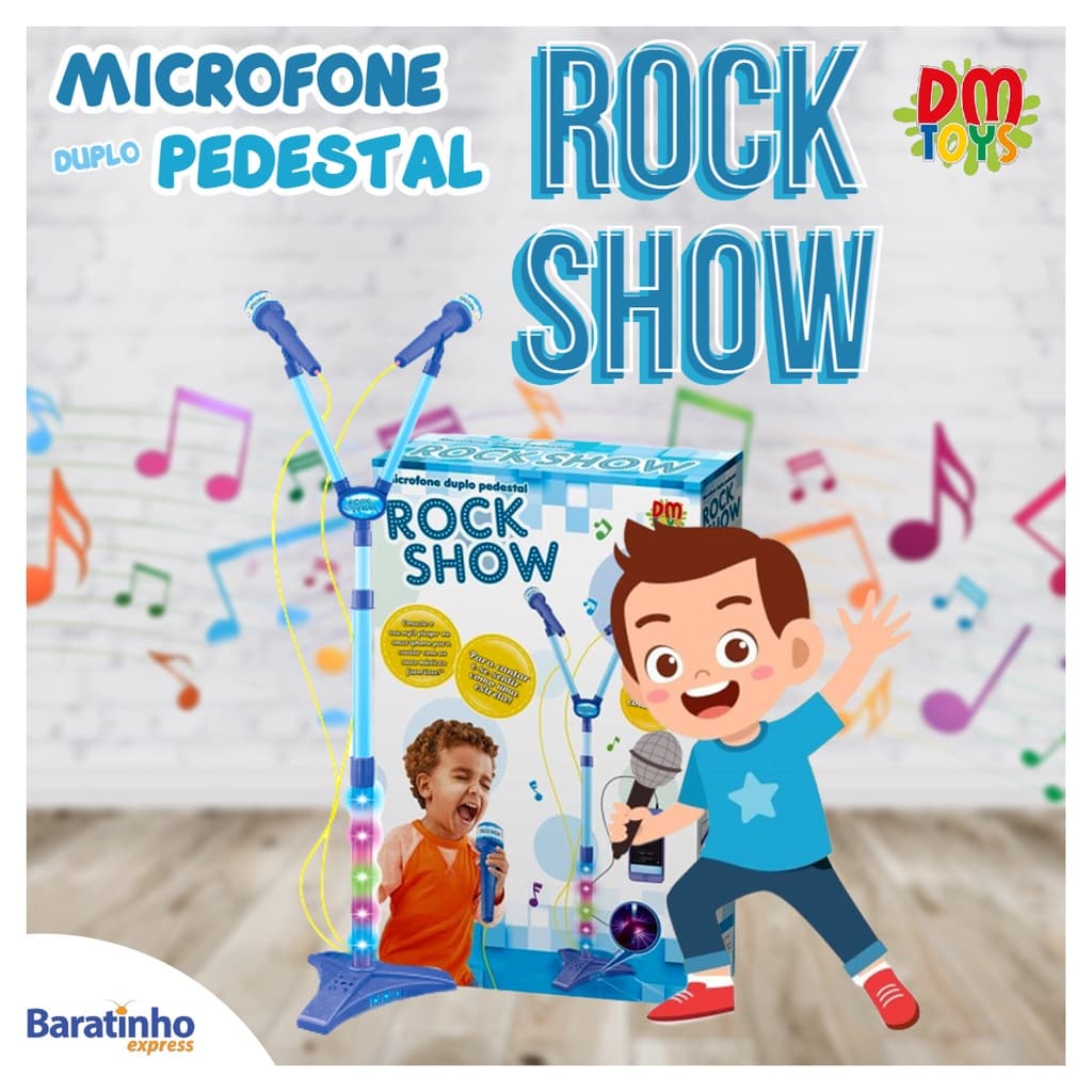 Microfone Duplo Infantil Azul Pedestal Luz Conecta Celular