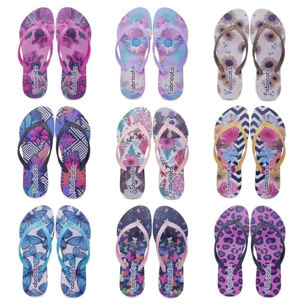 Kit 10 Pares Chinelo de Dedo Sandália Feminina Adulto Rasteirinha Estampado Confortável Revenda K111