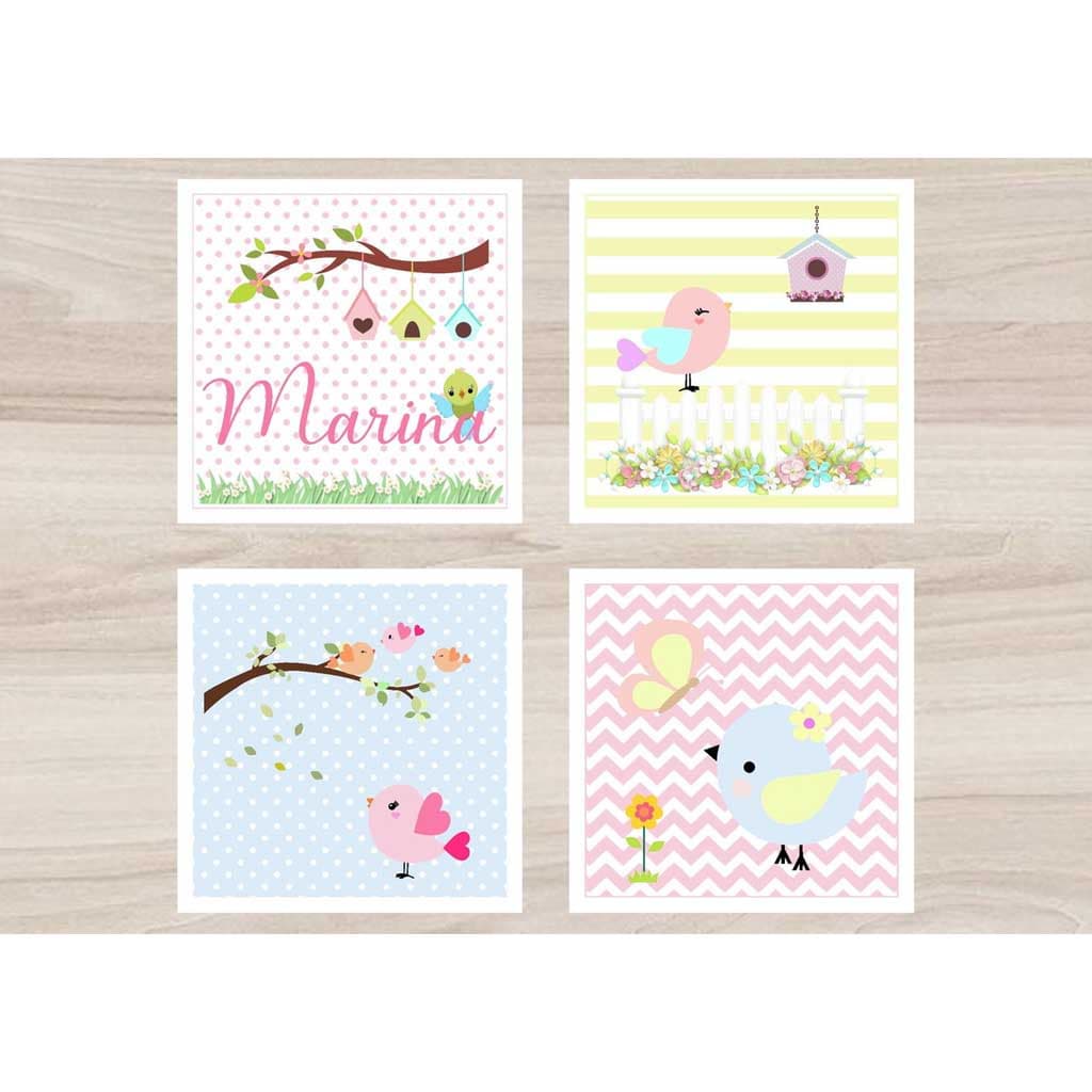 Quadro Decoração Infantil Menina Passarinhos Nome Personalizado