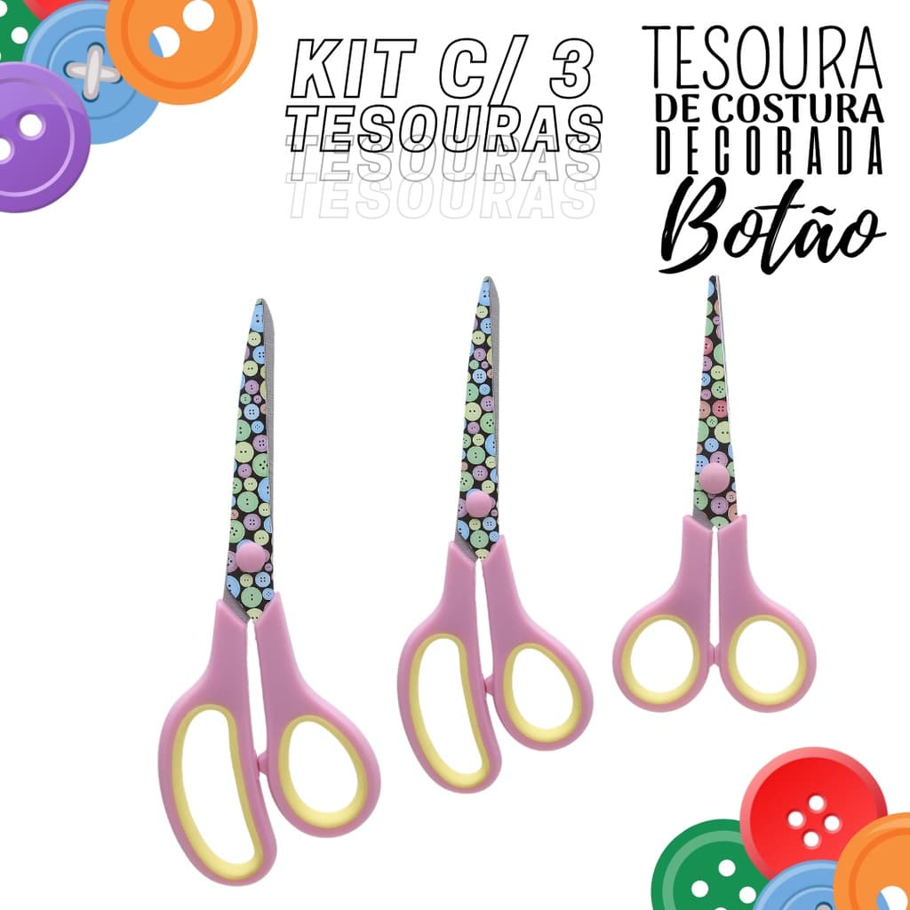 Tesoura Para Costura Decorada Botão Kit C/ 03.